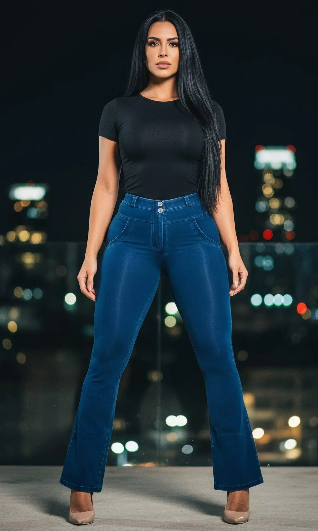 Dunkelblaue flared Push Up Jeans von MWPants, komfortabel, figurformend, angesagtes Design für selbstbewusste Styles.