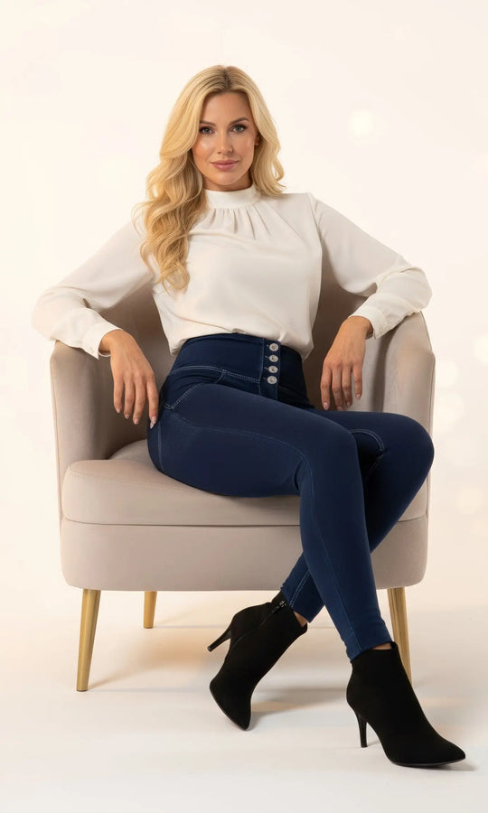 Push Up High Waist Jeans Damen dunkelblau  trendige, hochwertige Damenjeans mit formendem Schnitt und modischer Waschung