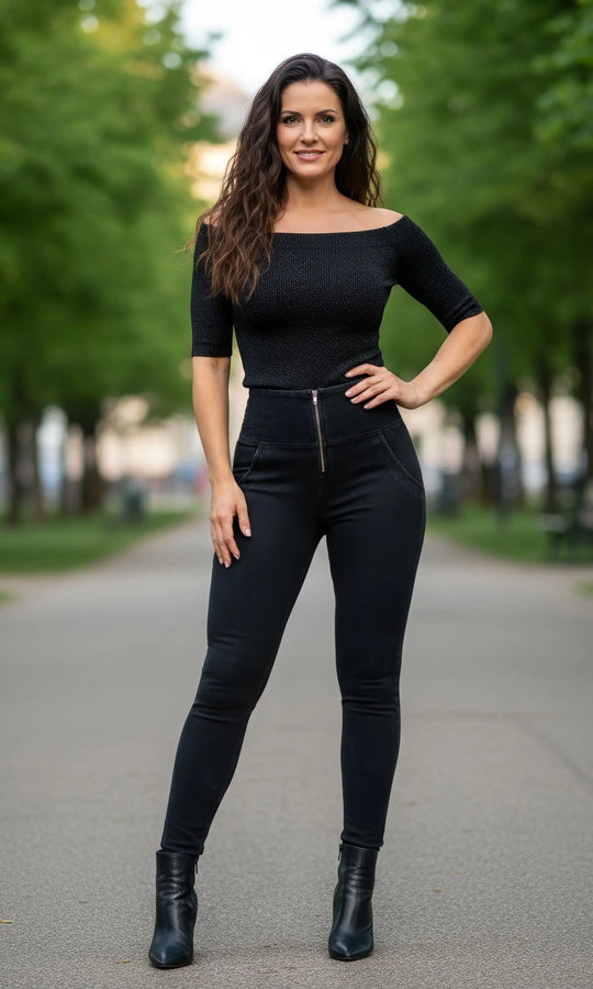 Damen Push Up Jeans High Waist Schwarz von MW zipper – komfortable, figurformende Hose mit schmeichelnder Passform und aktuellem Design