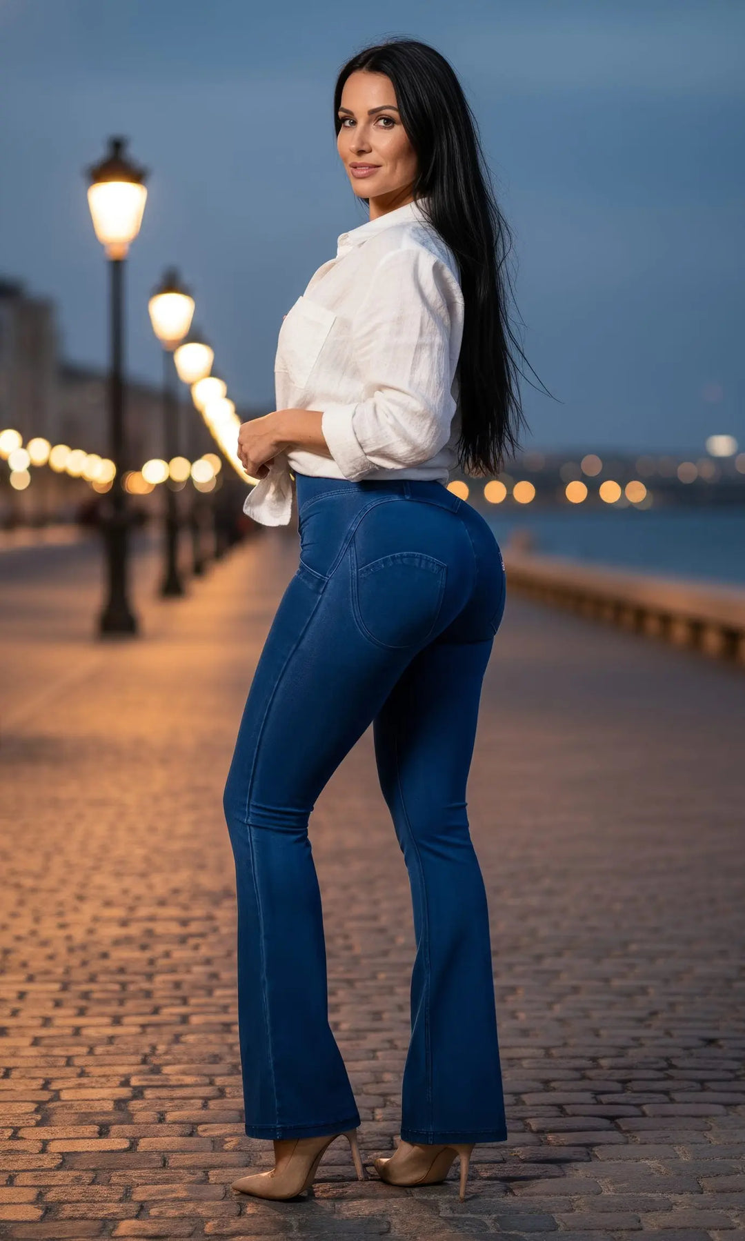 High Waisted flared Push Up Jeans MwPants mit Reißverschluss, Fokus auf modische, figurformende Silhouette