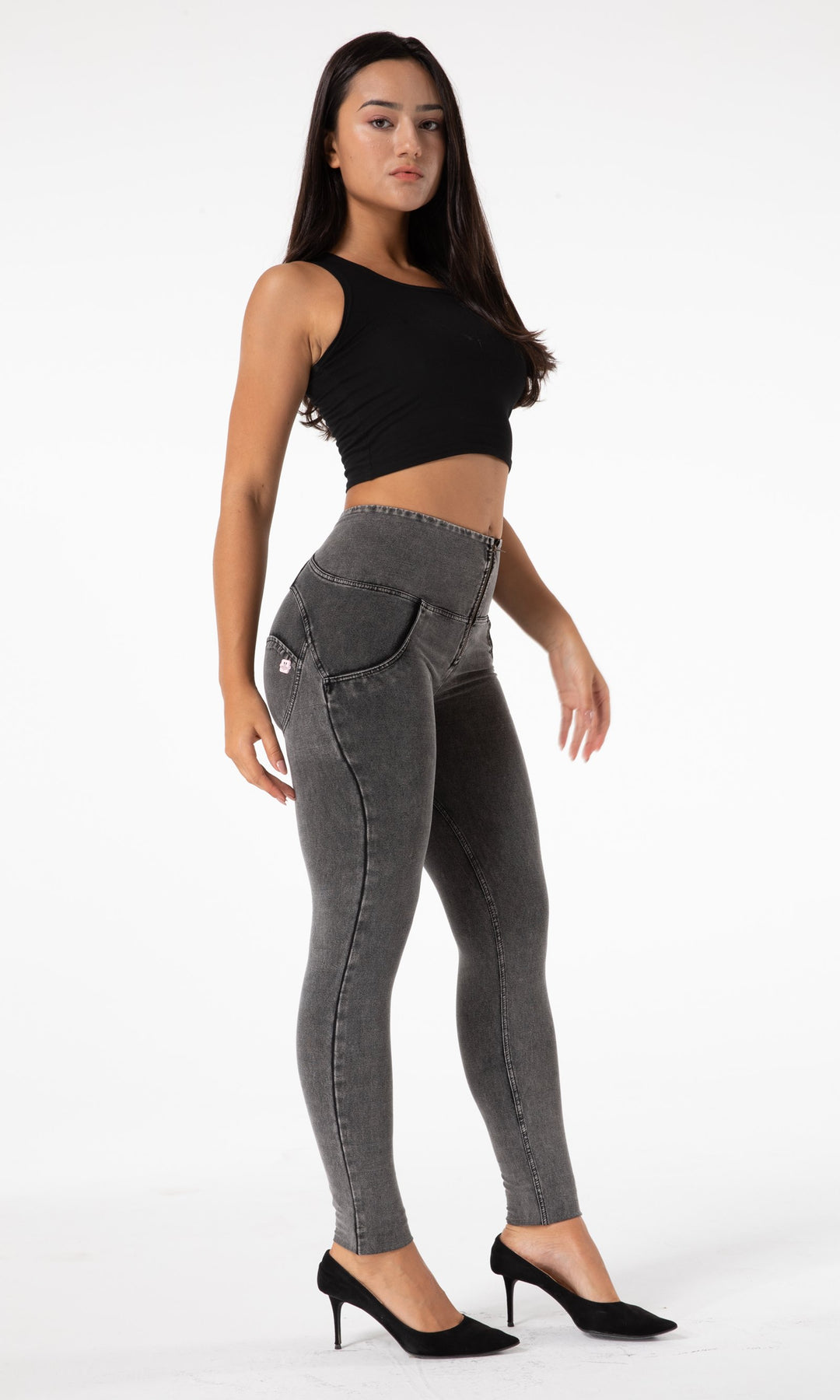 MW zipper Damenjeans grau, High Waisted, Push Up  modische, figurformende Hose für Eleganz im Alltag und Party-Outfits