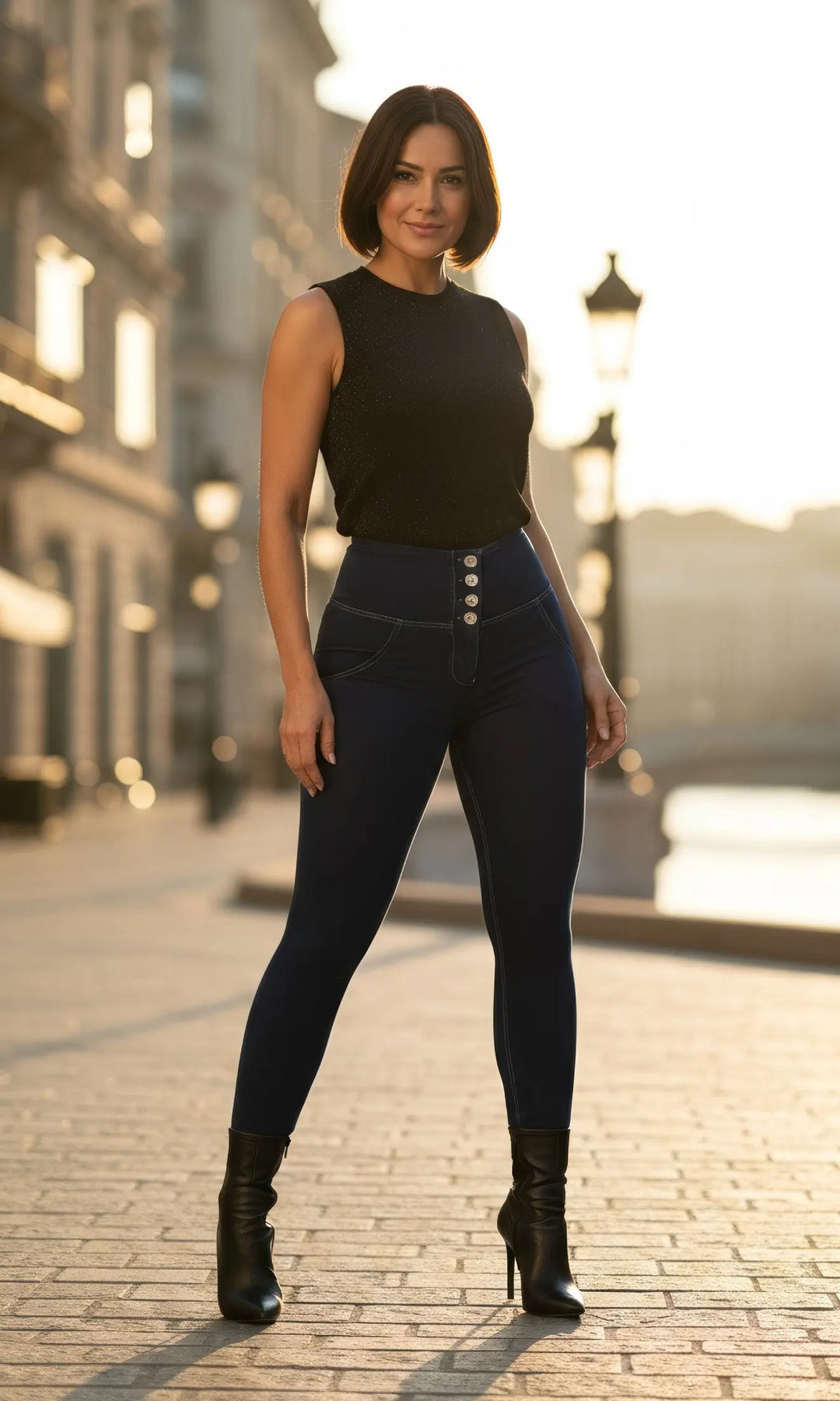 Figurformende Damenjeans in Dunkelblau, Push Up Effekt, High Waist Schnitt schmeichelhafte, modische Hose für den Alltag