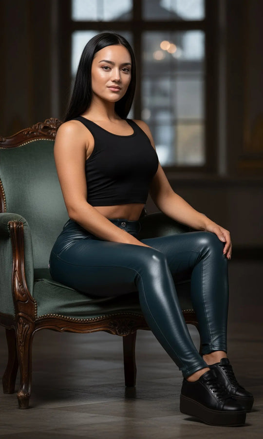 Dunkelblaue Push Up PU Lederhose für Damen, eng anliegend und modisch geschnitten, betont Po und Hüften, ideal für trendige Styles.