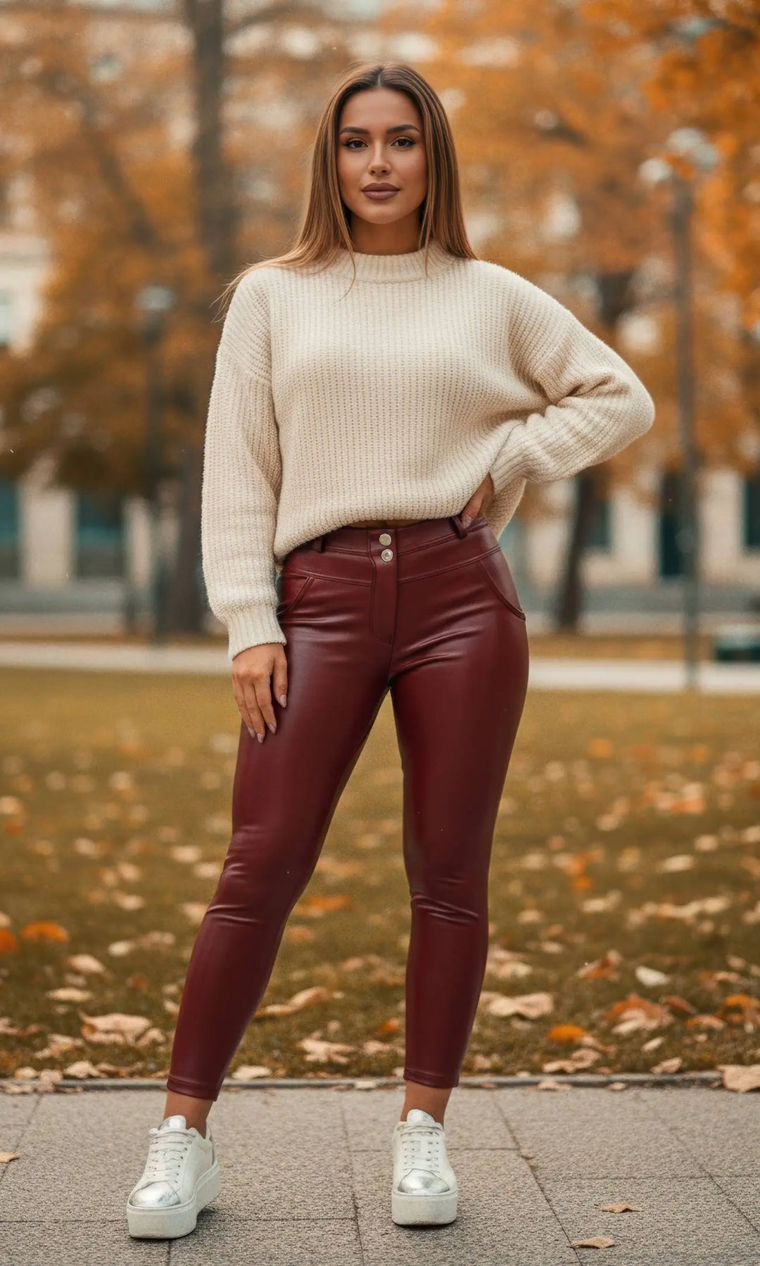  Winterfeste, weinrote MWPants Damenhose aus Pu-Leder mit figurverbesserndem Push-Up-Schnitt und isolierendem Futter