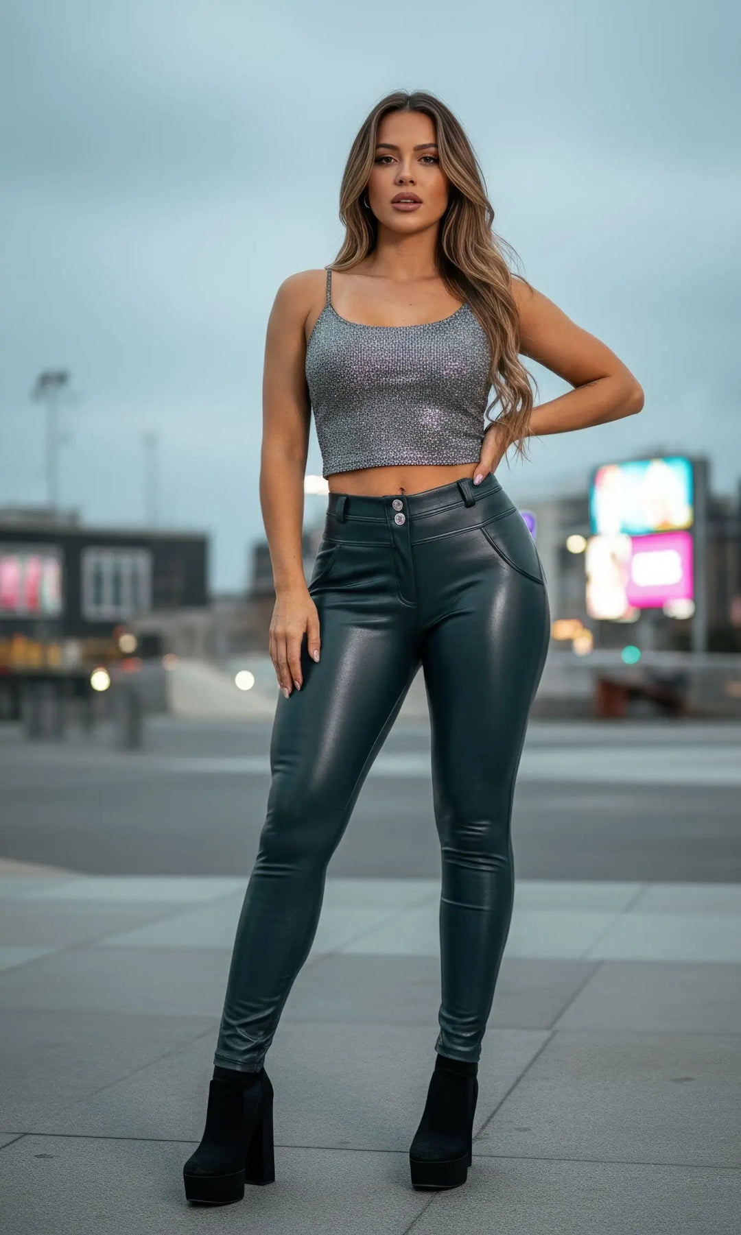 Push Up PU Lederhose in Dunkelblau, figurbetont und modern, komfortable Damenhose für modebewusste Kombinationen und elegante Looks.