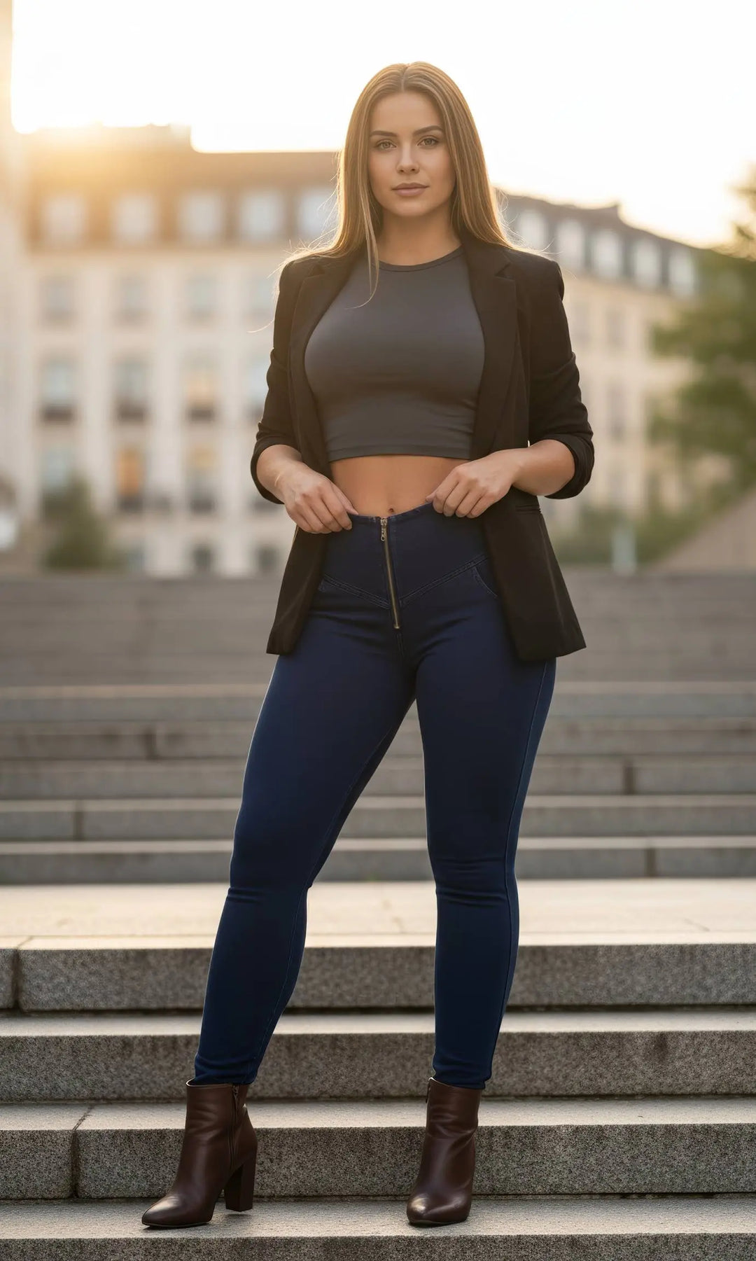 MW Push Up Jeans in Dunkelblau, high waisted mit Zipper, figurformende Damenjeans mit modischem Reißverschluss und Push-Up-Effekt, betont Kurven und verleiht einen modernen Chic.