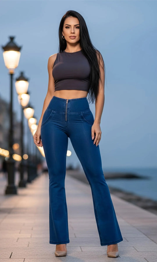 MwPants Push Up Jeans, High Waisted, flared Bein, sichtbarer Zipper, Figur-verbessernde Passform