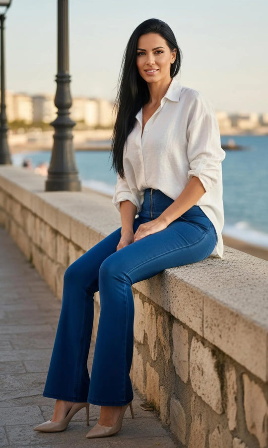 Flared Push Up Jeans mit Zipper und hohem Bund von MwPants, Seitenansicht, unterstreicht Beine und Passform