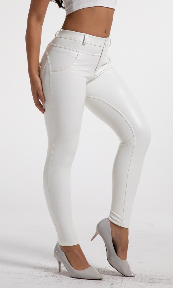 Damen Hosen Melody MW Pu-Lederhose Weiß Regular Waist Skinny Größen : XXS-XS-S-M-L-XL-XXL-3XL