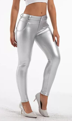 Melody MW Pu-Leder Silber Regular Waist Skinny Damen Hosen alle Größen : XXS-XS-S-M-L-XL-XXL-3XL