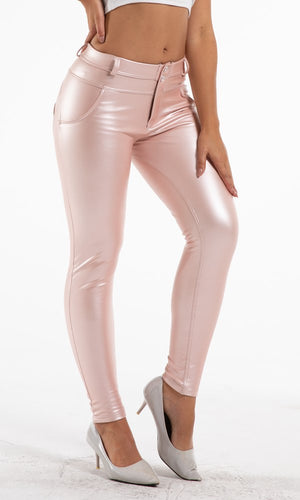 Damen Kunstlederhosen Melody MW  Pu-Lederhose Pink Regular Waist Skinny XXS-XS-S-M-L-XL-XXL-3XL