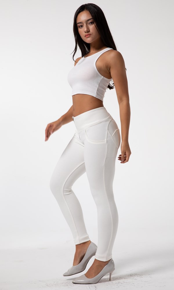 Damen Hosen hohe Taille Melody MW+ Zipper Classic Weiß elastische Taillenbund
