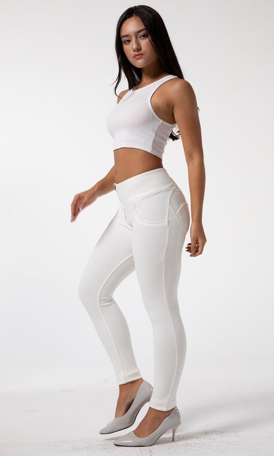 Damen Hosen hohe Taille Melody MW+ Zipper Classic Weiß elastische Taillenbund