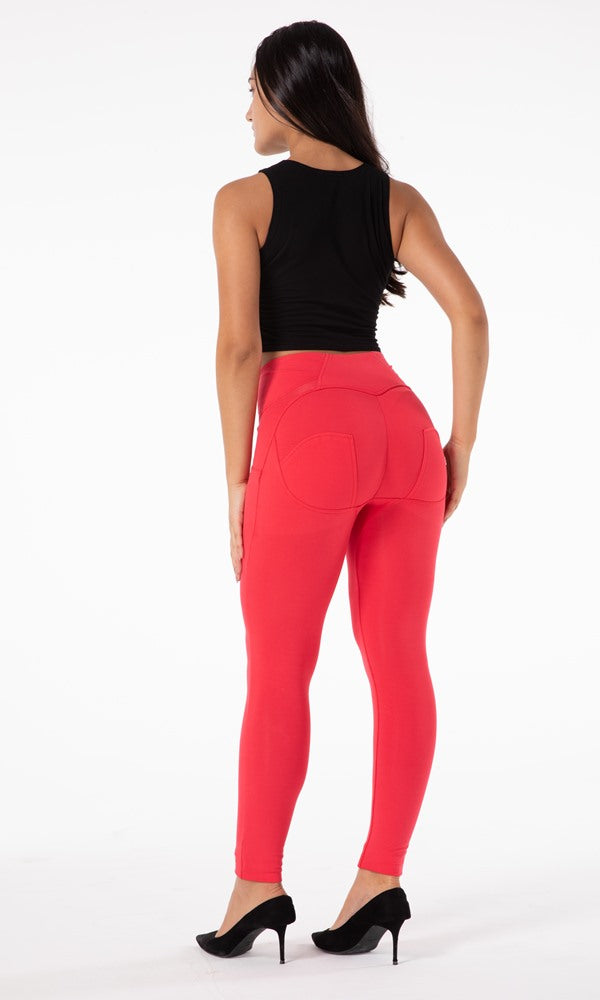 Leggings MW+ Zipper Rot Classic Skinny Baumwoll-Hosen mit Push Up Effekt